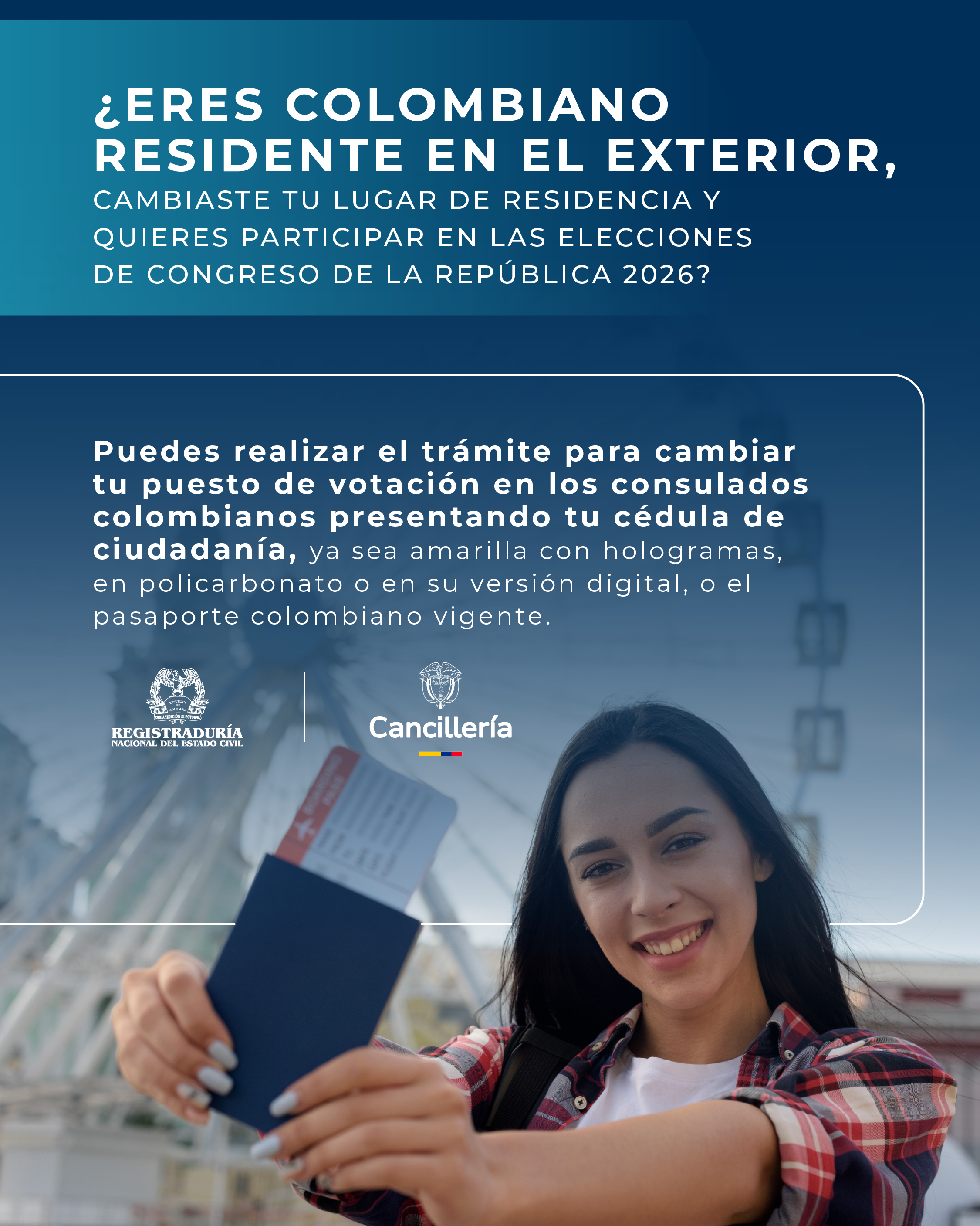 Banner para ciudadanos en el exterior en el que se ve una mujer joven sonriendo y sosteniendo un pasaporte